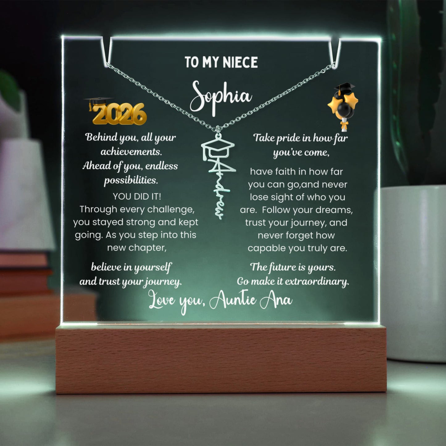 Class of 2026 graduate gift  from aunt, personalized Photo plaque & Name necklace, niece jewelry grad present, College High School graduation gift.