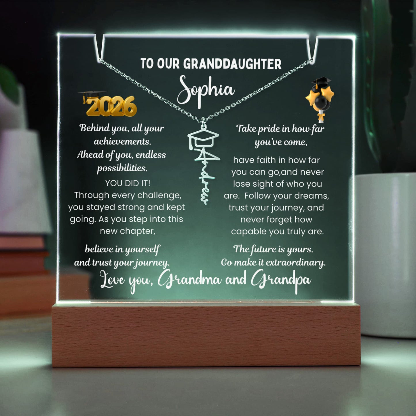 Graduation gift from grandparents, Custom Name jewelry for her & Personalized plaque Class of 2026, graduate present from Gigi, College High School Grad.