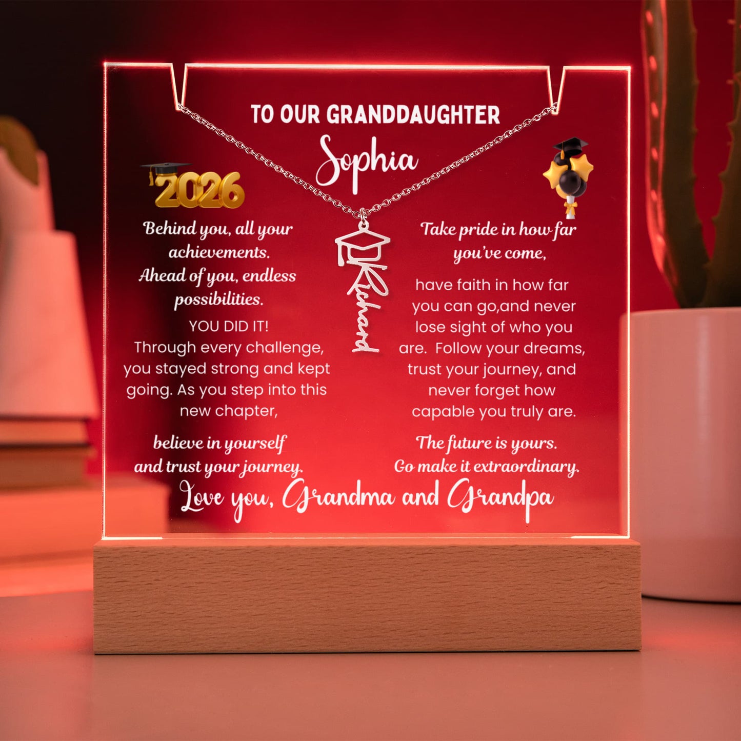 Graduation gift from grandparents, Custom Name jewelry for her & Personalized plaque Class of 2026, graduate present from Gigi, College High School Grad.