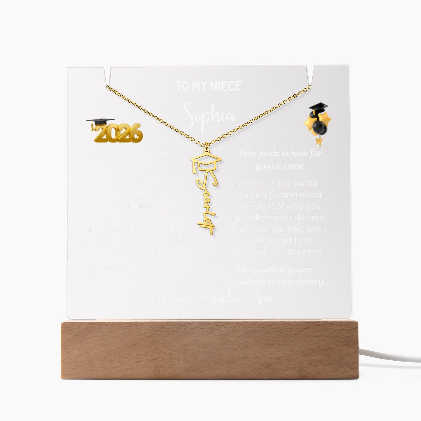 Class of 2026 graduate gift  from aunt, personalized Photo plaque & Name necklace, niece jewelry grad present, College High School graduation gift.