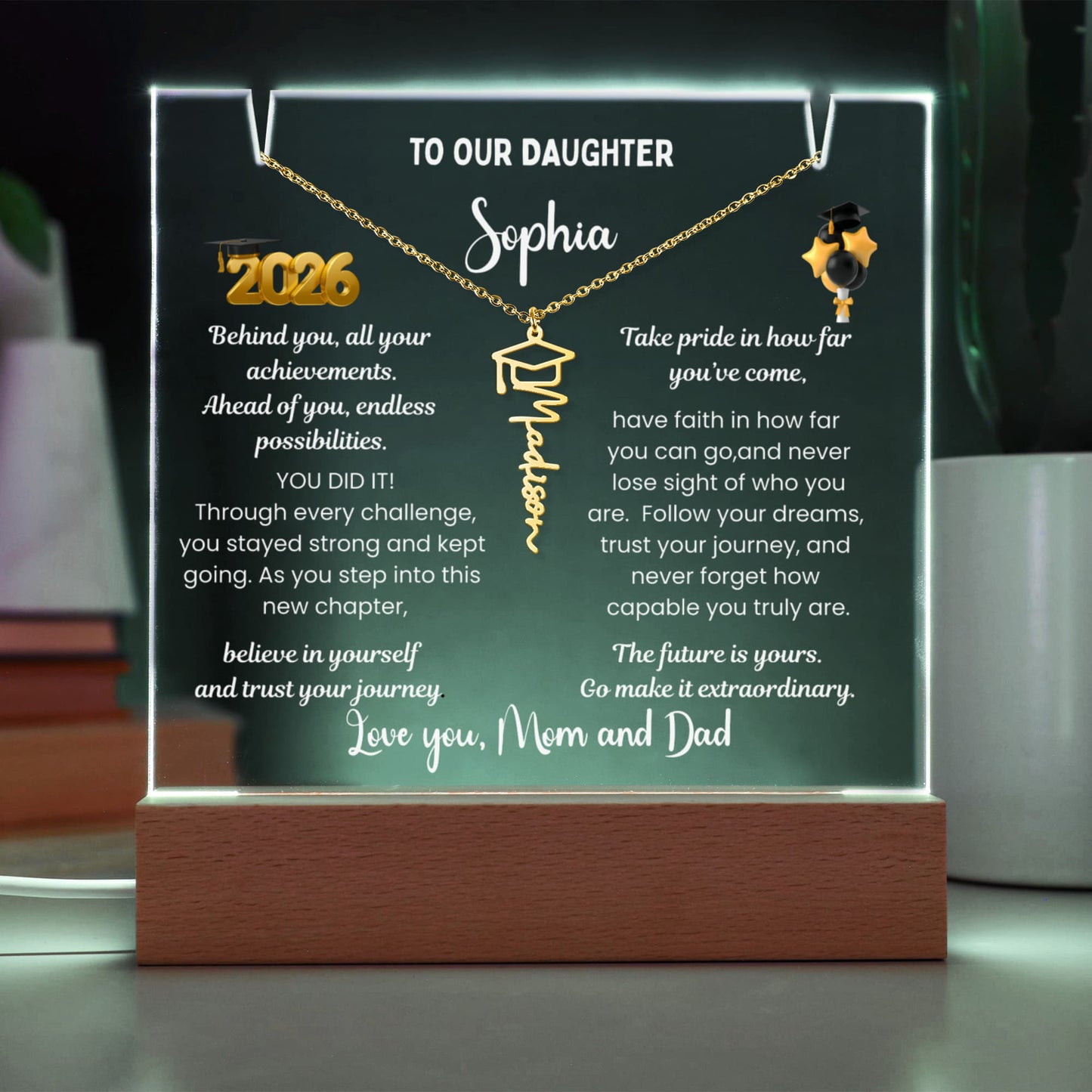 Personalized custom name jewelry & Name necklace, Graduation present from mom, class of 2026 graduate, Grad gift daughter