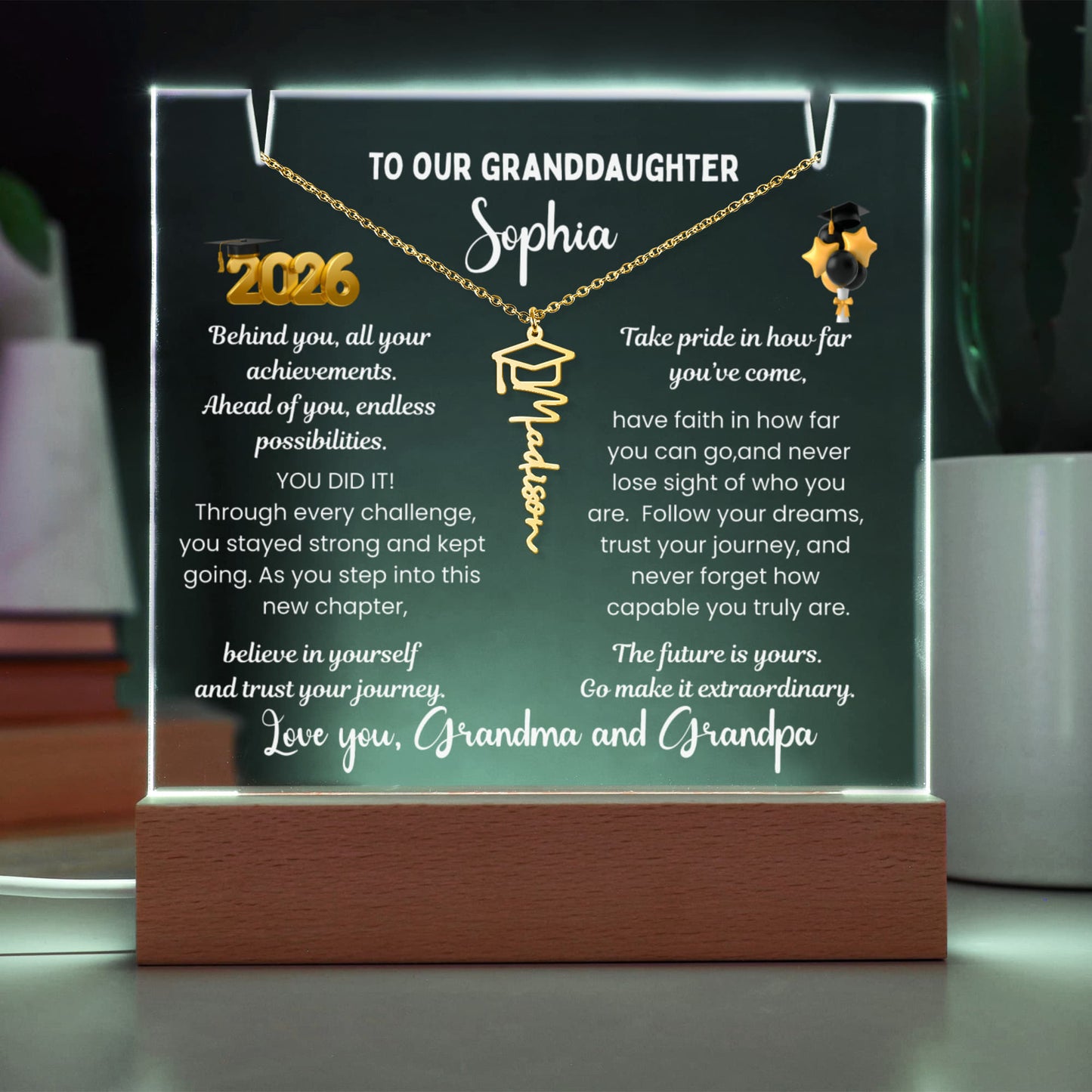 Graduation gift from grandparents, Custom Name jewelry for her & Personalized plaque Class of 2026, graduate present from Gigi, College High School Grad.