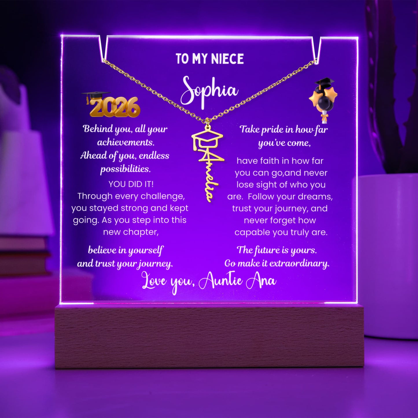 Class of 2026 graduate gift  from aunt, personalized Photo plaque & Name necklace, niece jewelry grad present, College High School graduation gift.
