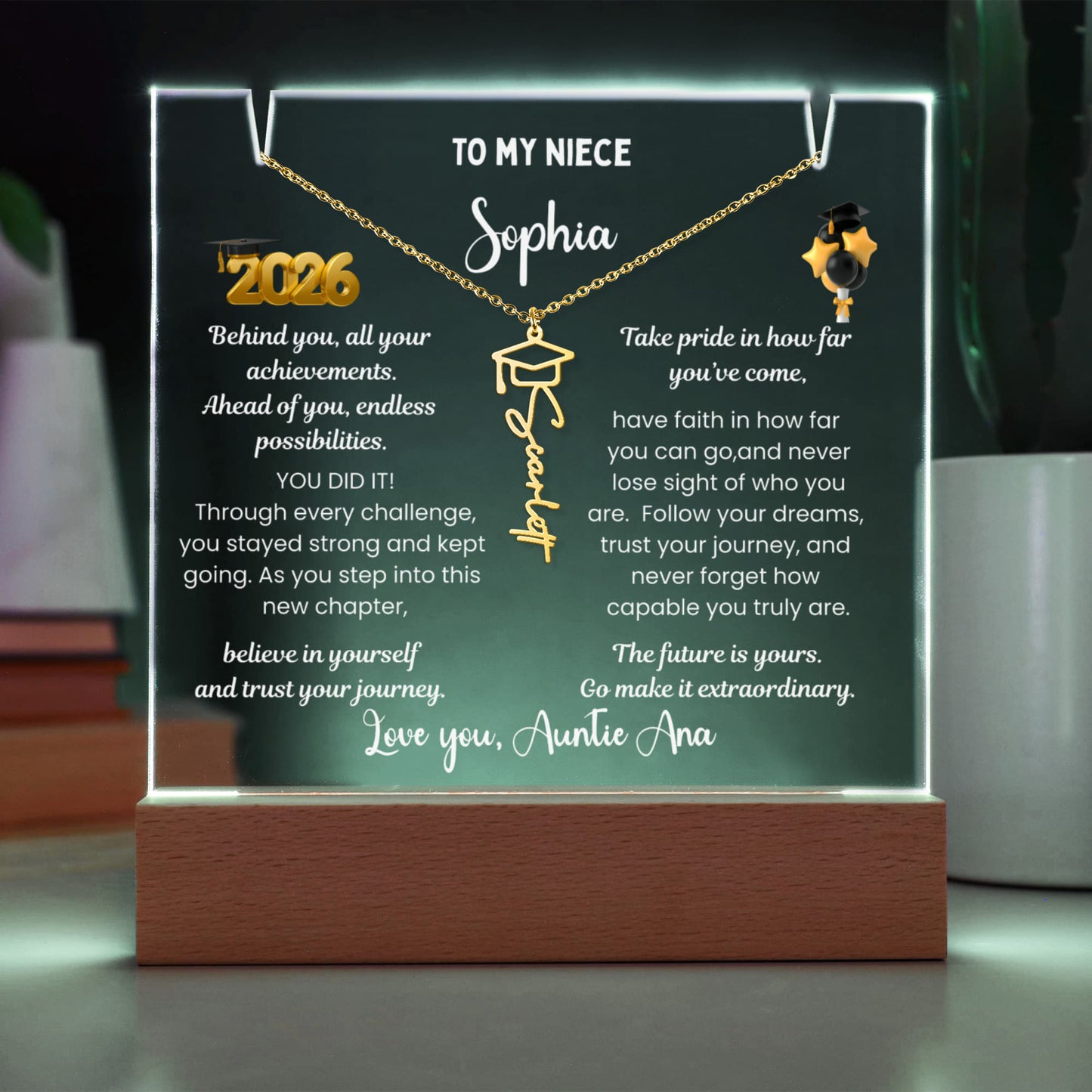Class of 2026 graduate gift  from aunt, personalized Photo plaque & Name necklace, niece jewelry grad present, College High School graduation gift.