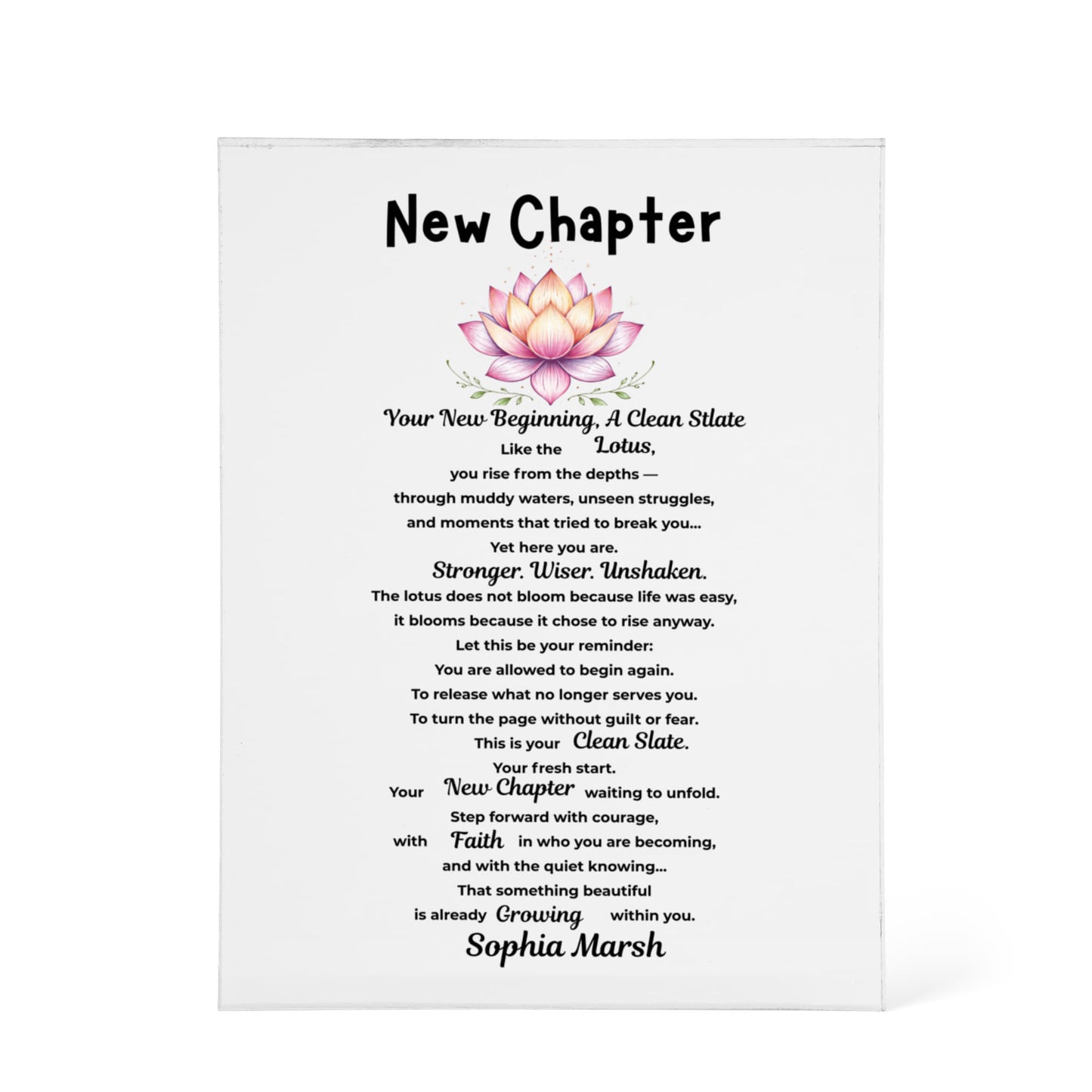 Personalized acrylic plaque new chapter gift, Lotus Flower New Beginnings Divorce gift Clean Slate gift New Job Gift Breake up gift for him her strength gift